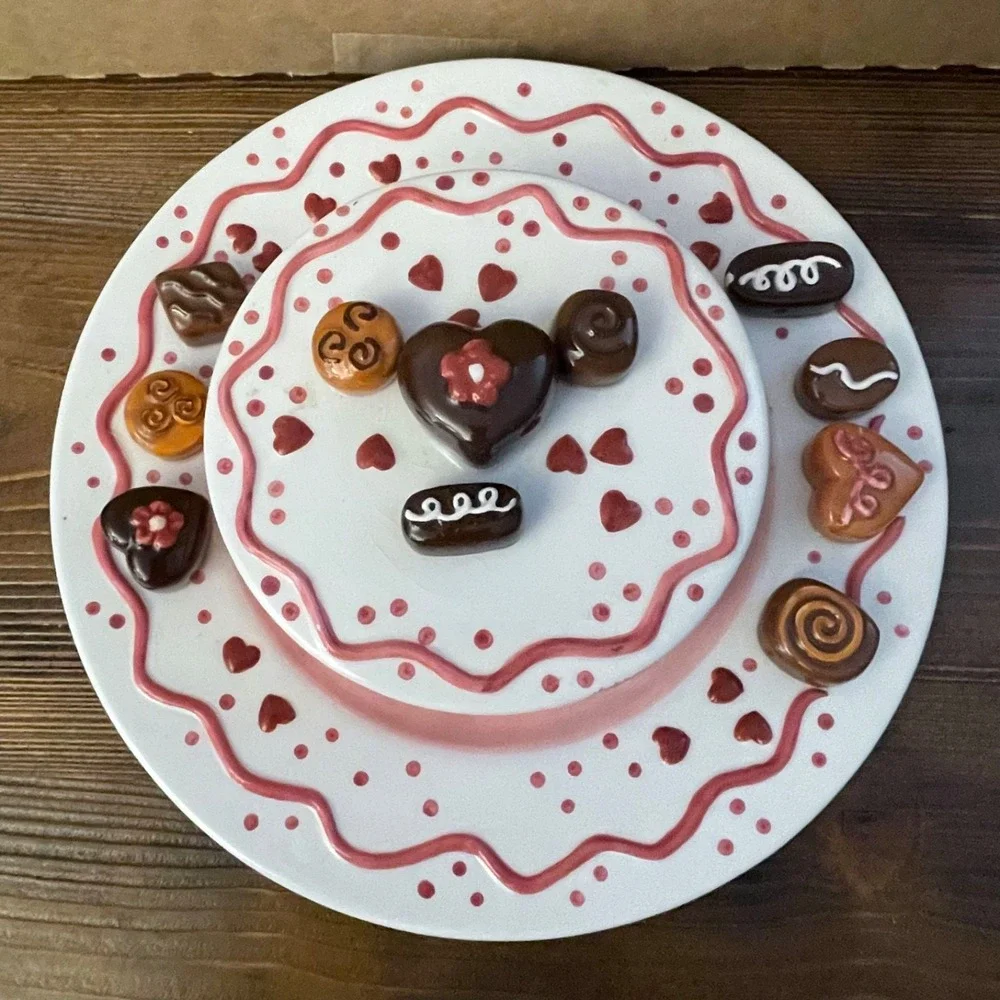 Vintage Valentines Ganz Porcelain Hearts Love Cake and Chocolates Jewelry Box